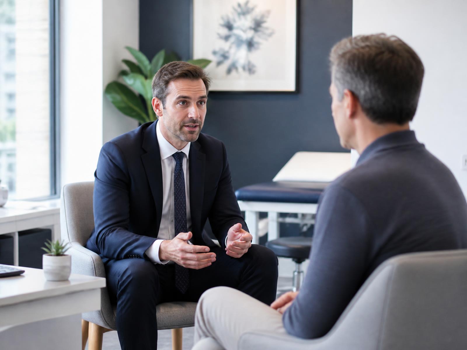 A private consultant talking with a patient in a consulting room. An illustration of private care, not a photograph of Dr Patel or of any consultant on our list.